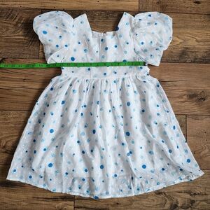 White Girls' Polka Dot Puff Sleeve Dress with Blue Dots